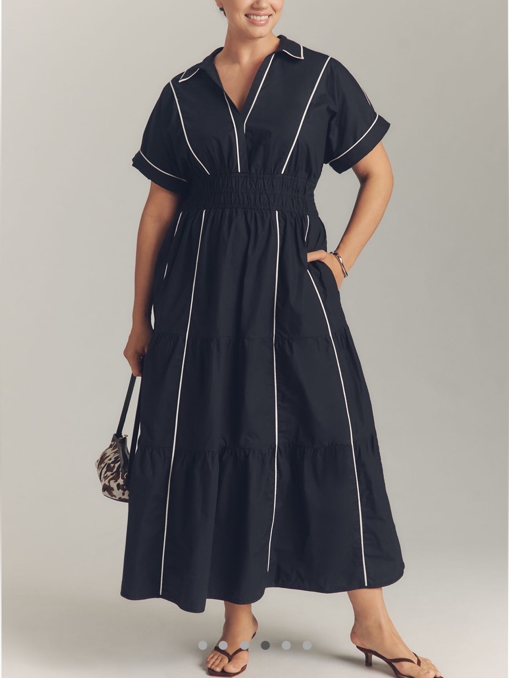 Anthropologie Somerset Dress Collared V-Neck Short-Sleeve Maxi Dress Black White - Picture 2 of 13